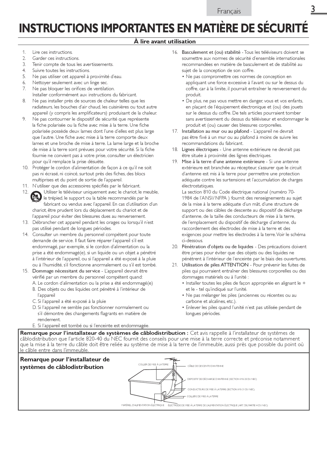 Magnavox 26MF321B owner manual Lire avant utilisation, La du Code électrique national numéro 