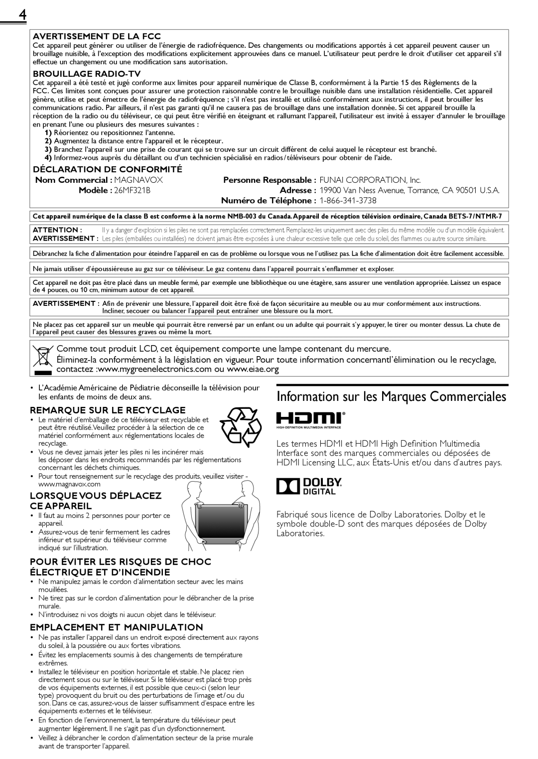 Magnavox 26MF321B owner manual Information sur les Marques Commerciales, Numéro de Téléphone, Indiqué sur l’illustration 