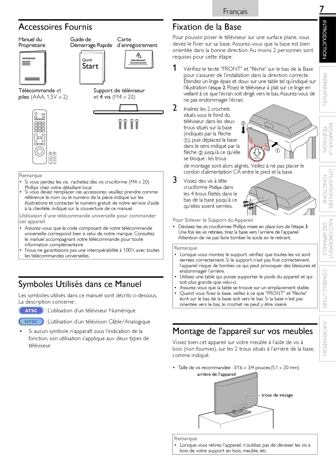 Magnavox 26MF321B owner manual Accessoires Fournis, Symboles Utilisés dans ce Manuel, Fixation de la Base, Start 