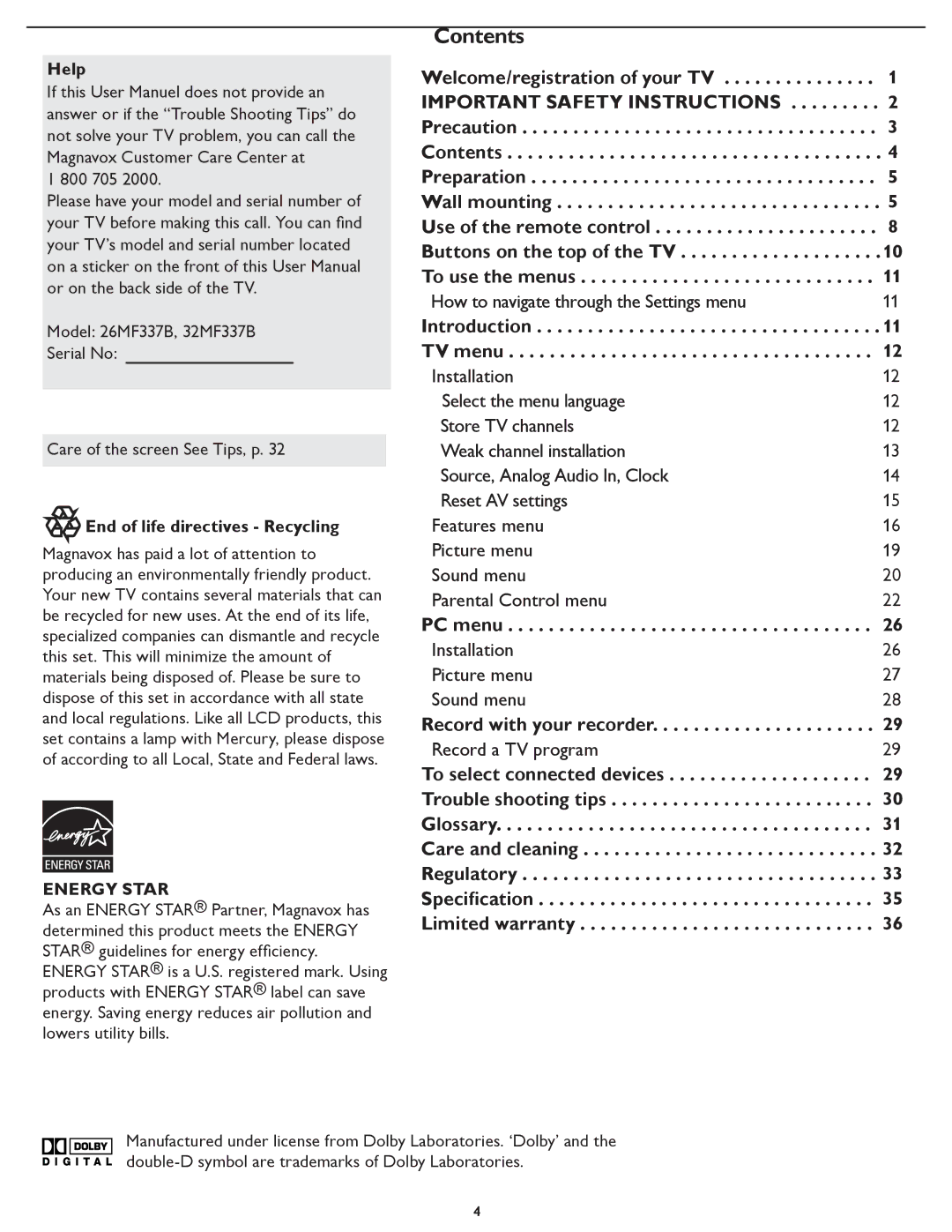 Magnavox 26MF337B user manual Contents 