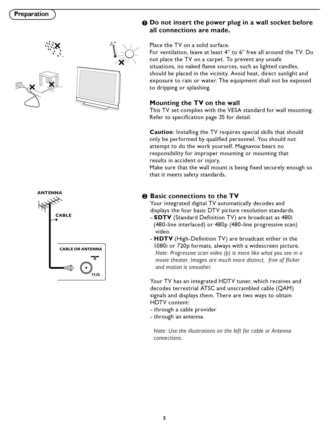 Magnavox 26MF337B user manual Preparation, Mounting the TV on the wall, Basic connections to the TV 