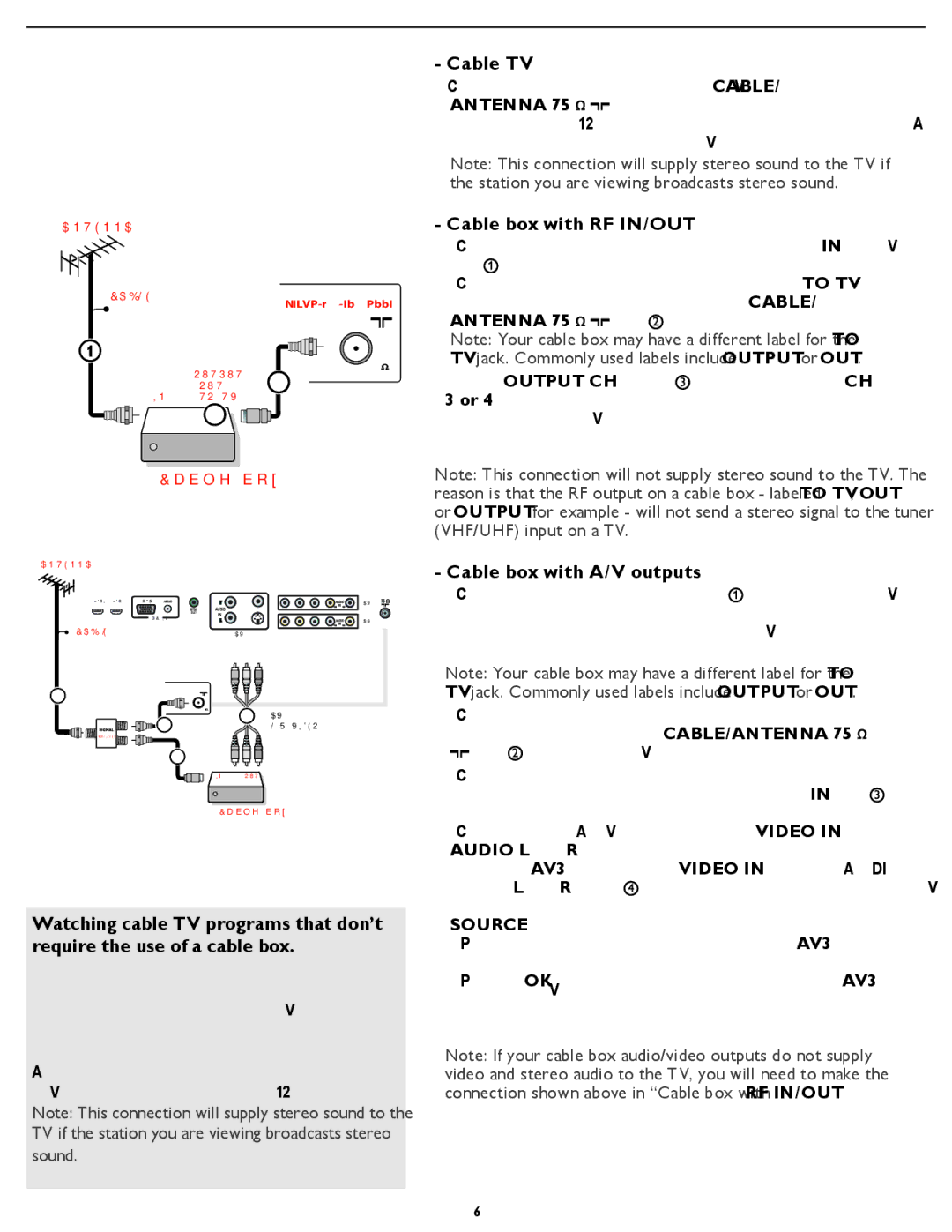 Magnavox 26MF337B user manual Cable TV, Cable box with RF IN/OUT, Cable box with A/V outputs 