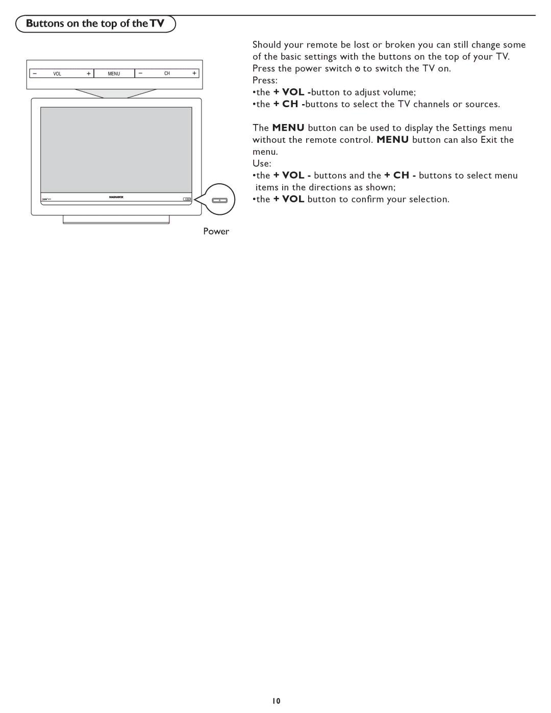 Magnavox 26MF337B user manual Buttons on the top of theTV 