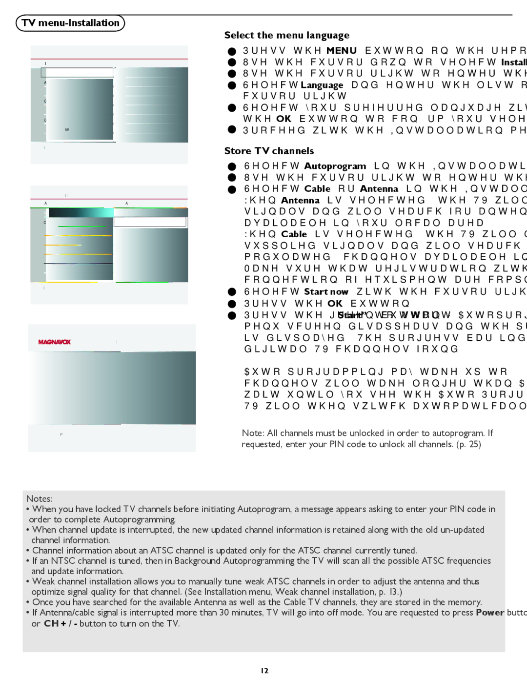 Magnavox 26MF337B user manual TV menu-Installation, Select the menu language, Store TV channels 