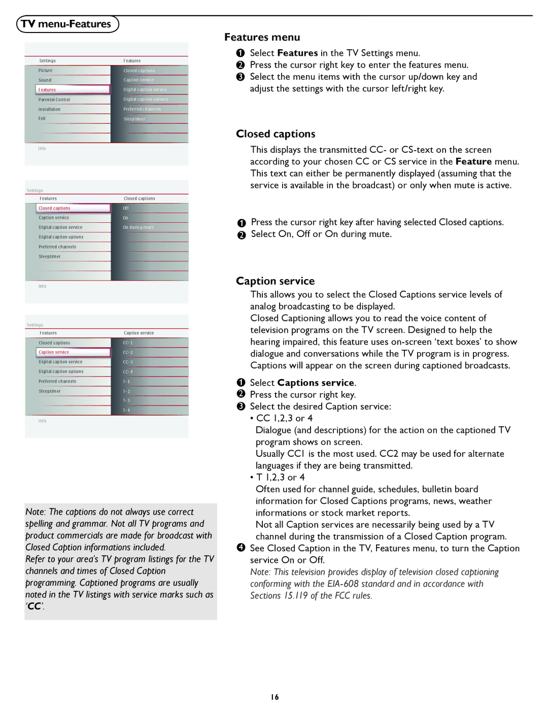 Magnavox 26MF337B user manual TV menu-Features, Features menu, Closed captions, Caption service, Select Captions service 