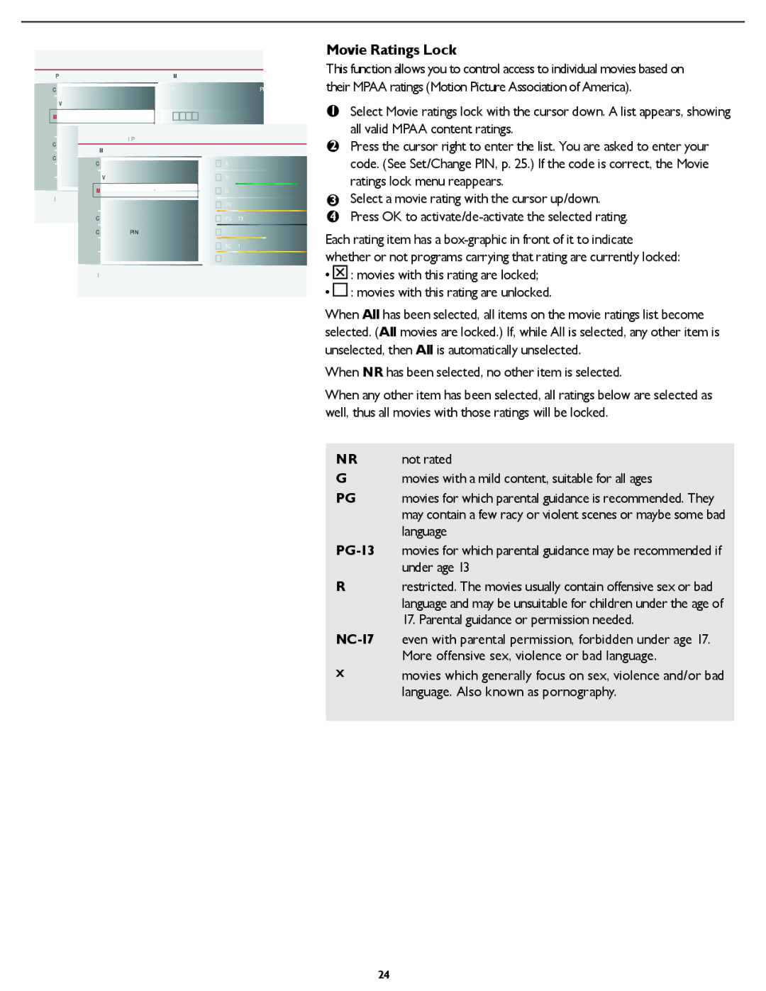 Magnavox 26MF337B user manual Movie Ratings Lock, PG-13 