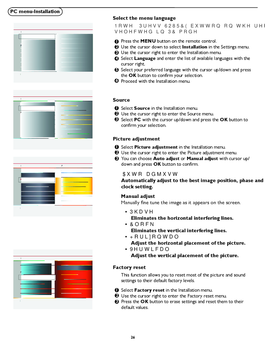 Magnavox 26MF337B PC menu-Installation Select the menu language, Picture adjustment, Manual adjust, Factory reset 