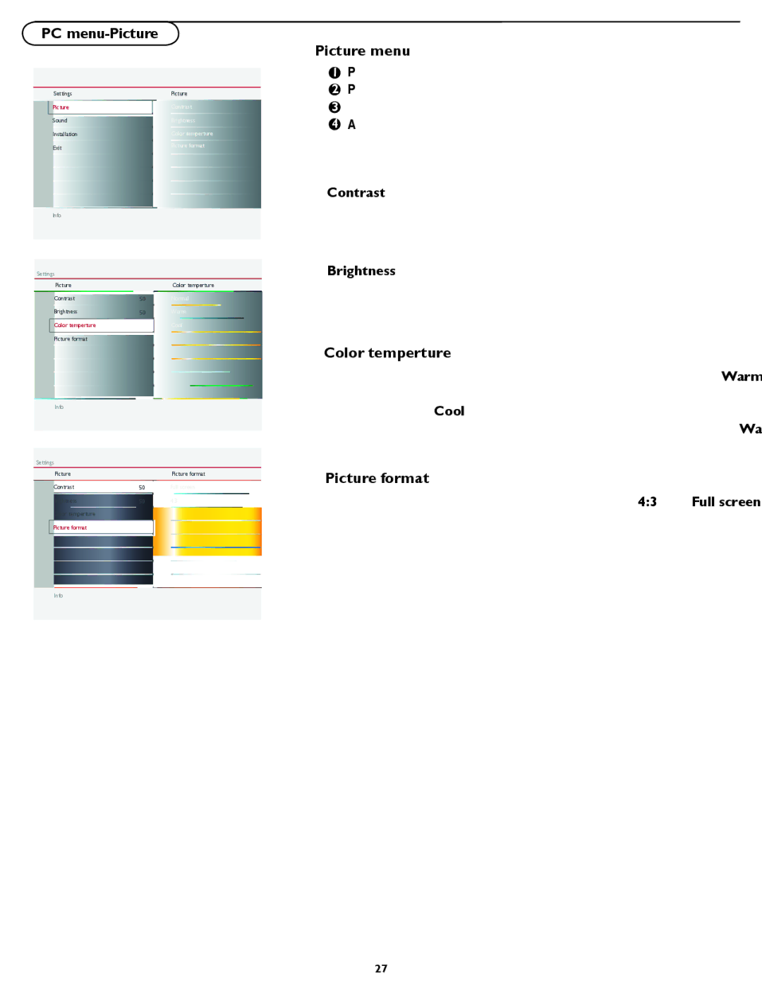 Magnavox 26MF337B user manual PC menu-Picture Picture menu, Color temperture, Picture format 