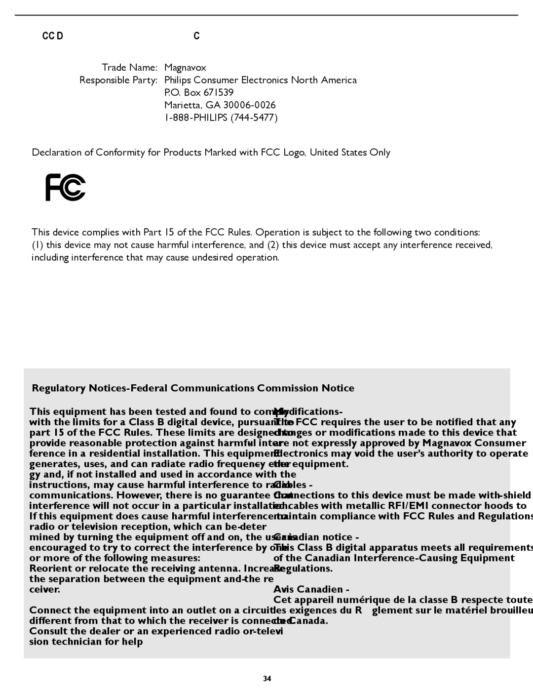 Magnavox 26MF337B user manual FCC Declaration of Conformity, Regulatory Notices-Federal Communications Commission Notice 