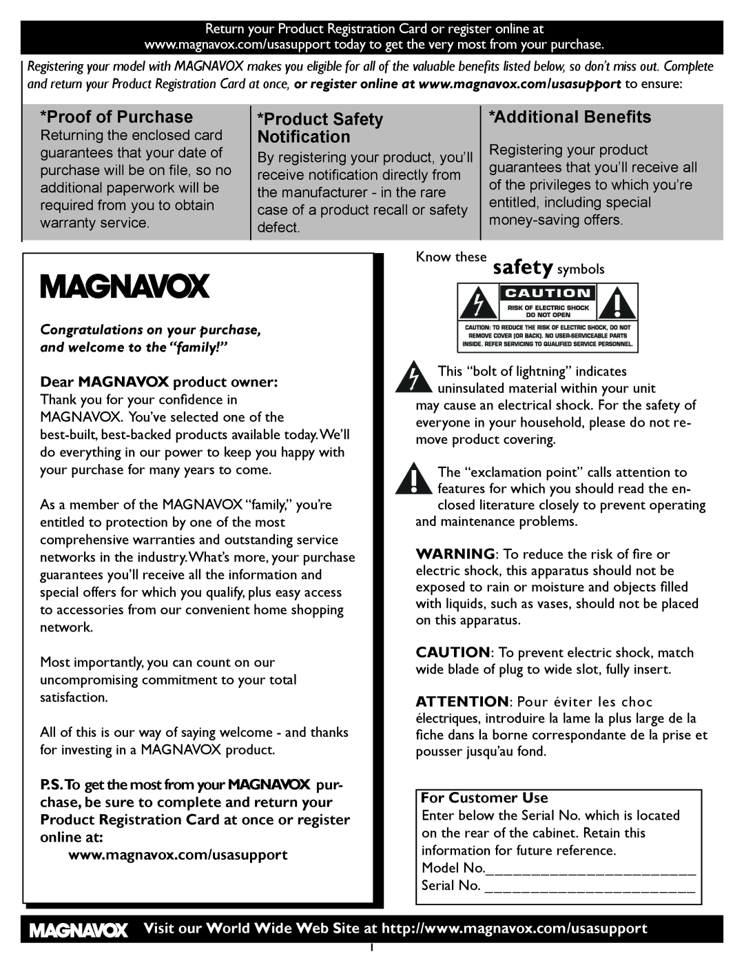 Magnavox 26MF337B user manual Dear Magnavox product owner, Online at, To get the most from your Magnavox pur 