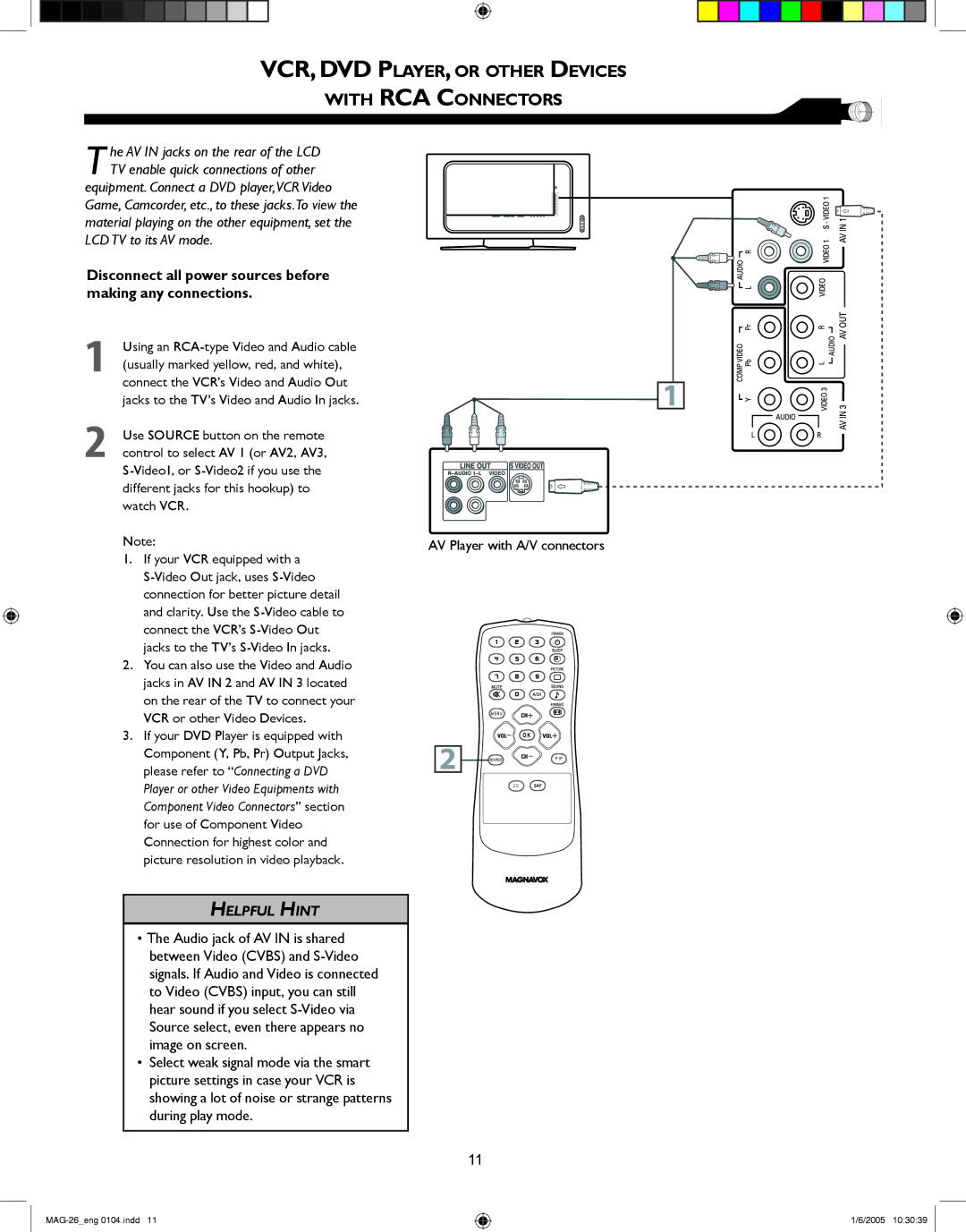 Magnavox 26MF605W Series owner manual VCR, DVD PLAYER, or Other Devices With RCA Connectors 