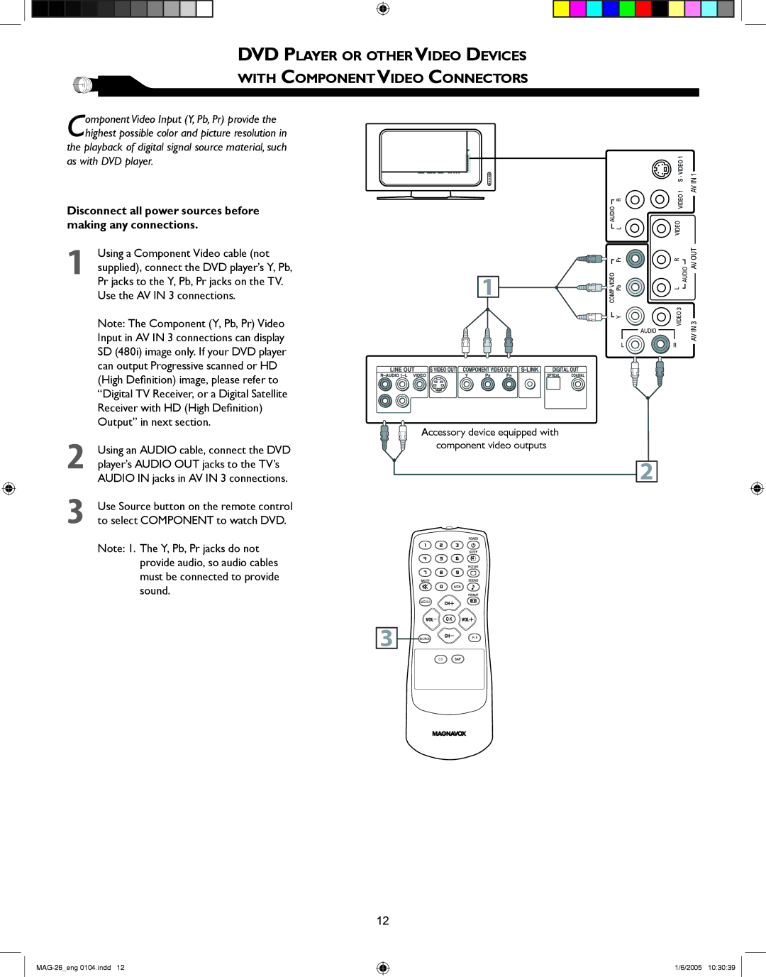 Magnavox 26MF605W Series owner manual Accessory device equipped with component video outputs 