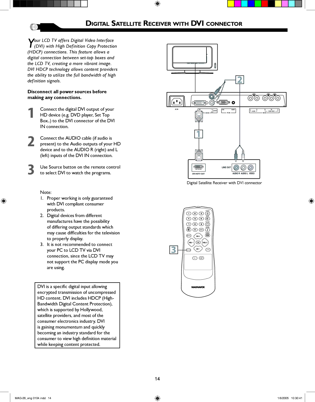 Magnavox 26MF605W Series owner manual Digital Satellite Receiver with DVI Connector 