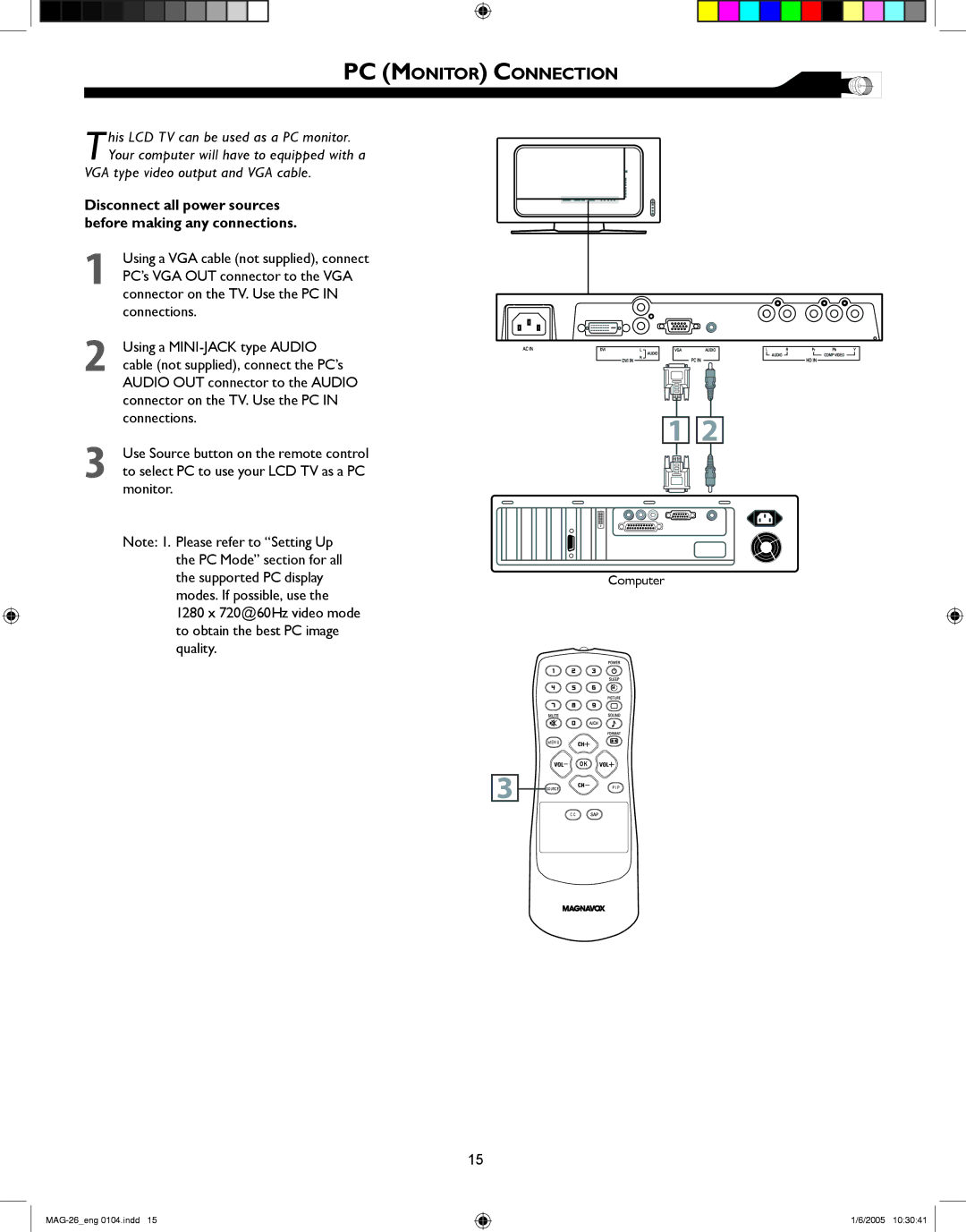 Magnavox 26MF605W Series owner manual PC Monitor Connection, Computer 