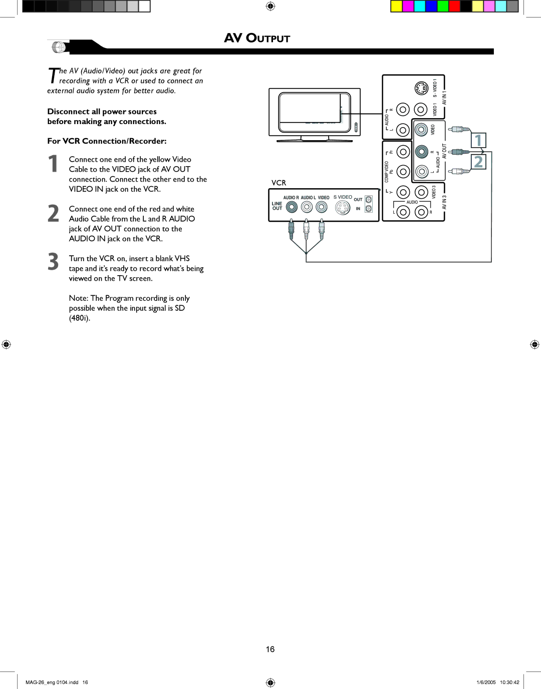 Magnavox 26MF605W Series owner manual AV Output, For VCR Connection/Recorder 