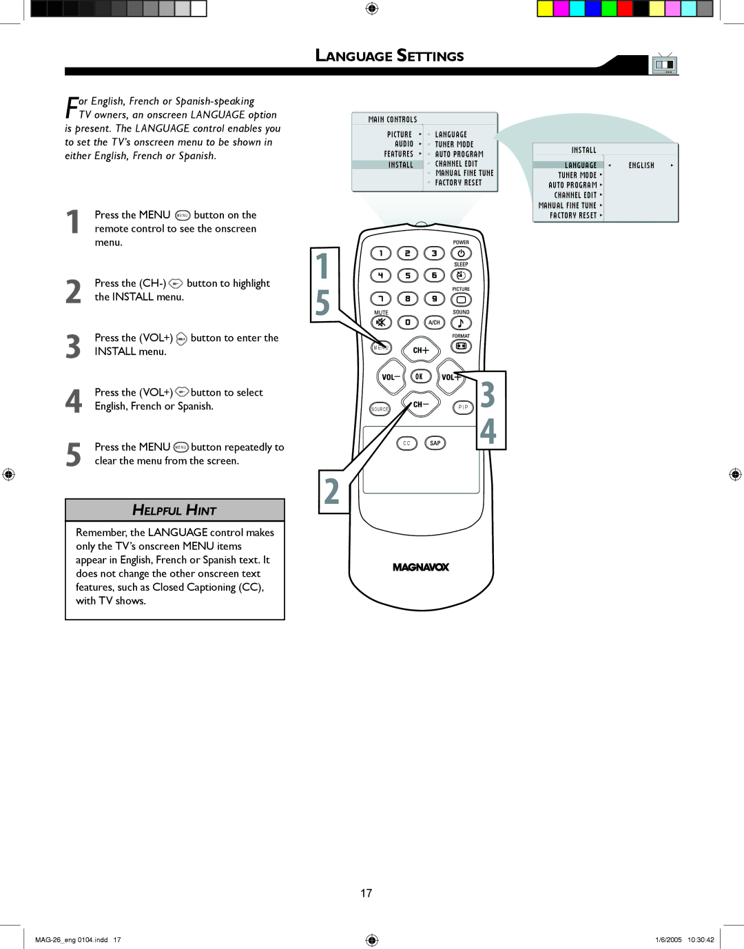 Magnavox 26MF605W Series owner manual Language Settings, For English, French or Spanish-speaking 