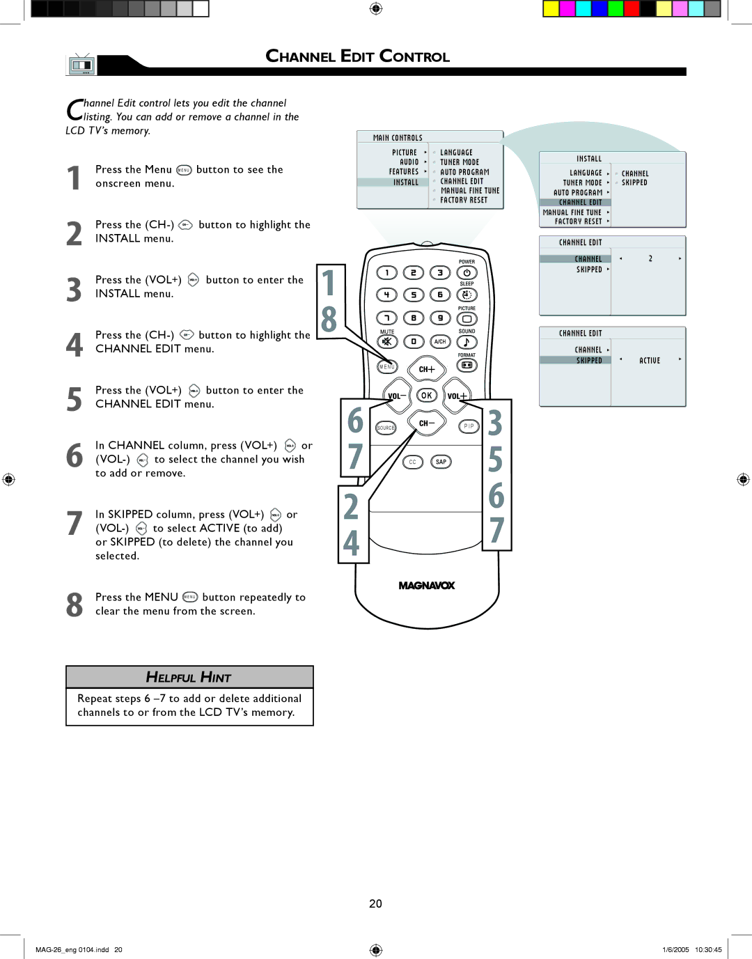 Magnavox 26MF605W Series owner manual Channel Edit Control 