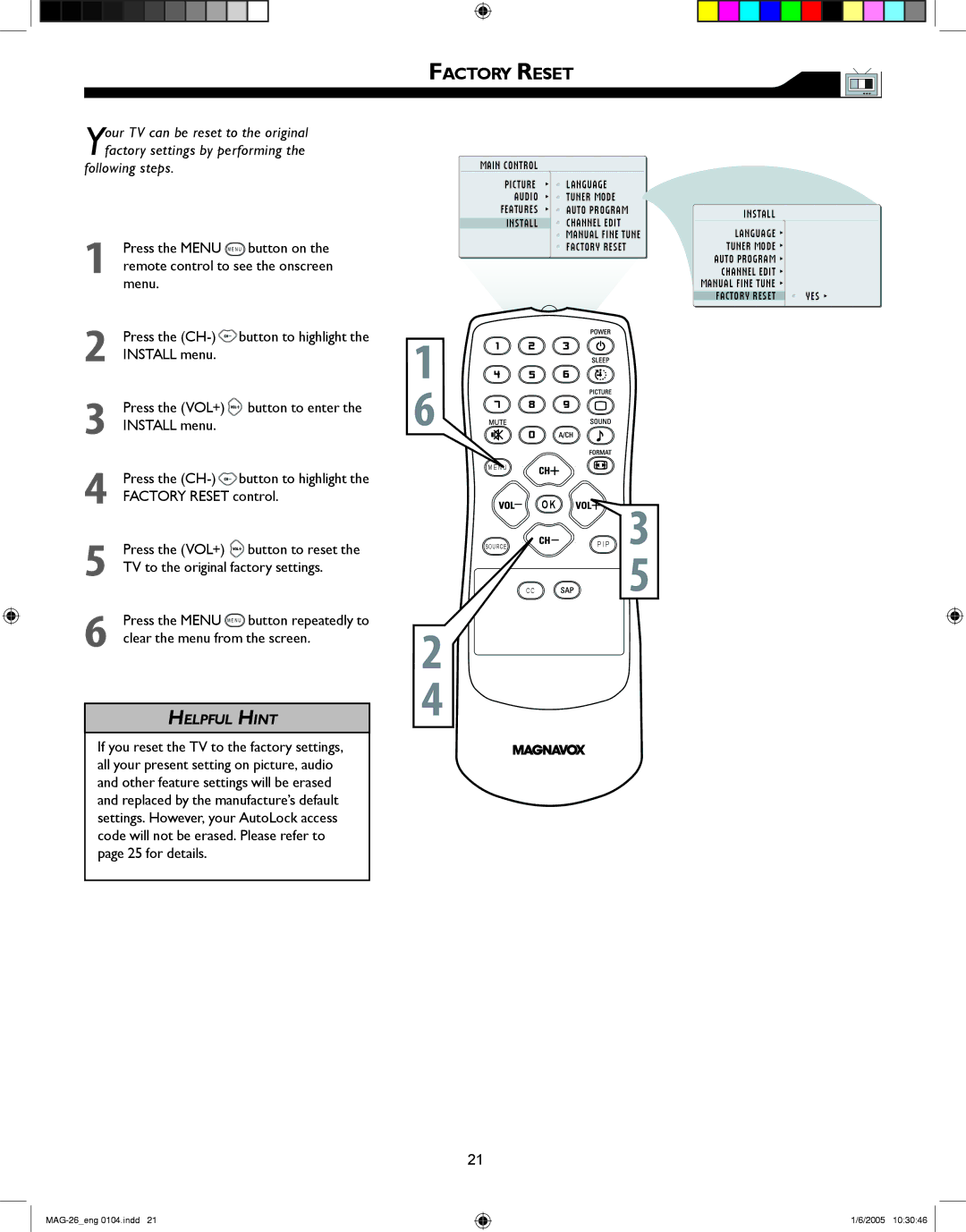 Magnavox 26MF605W Series owner manual Factory Reset 