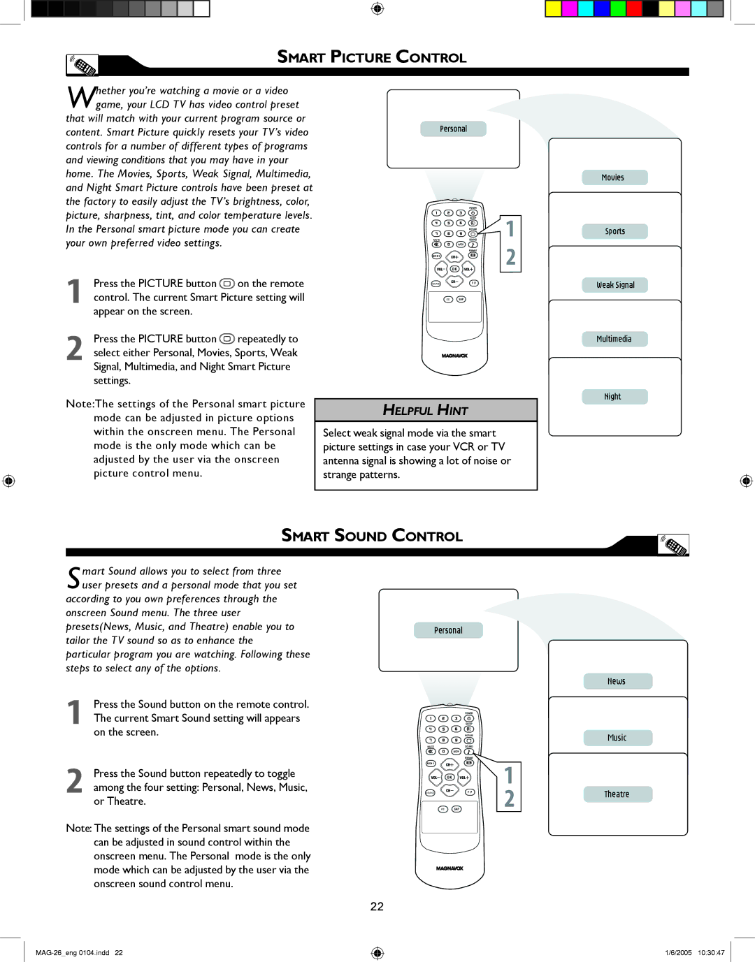 Magnavox 26MF605W Series owner manual Smart Picture Control, Smart Sound Control 