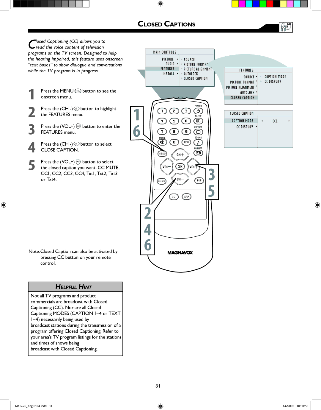 Magnavox 26MF605W Series owner manual Closed Captions, Close Caption 