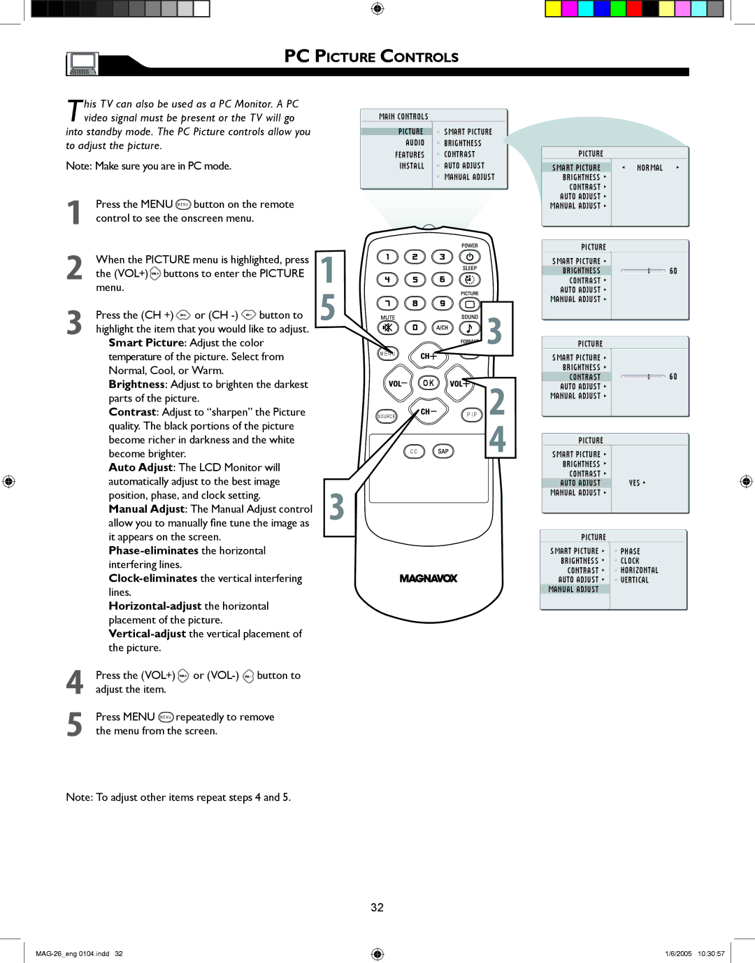 Magnavox 26MF605W Series owner manual PC Picture Controls 