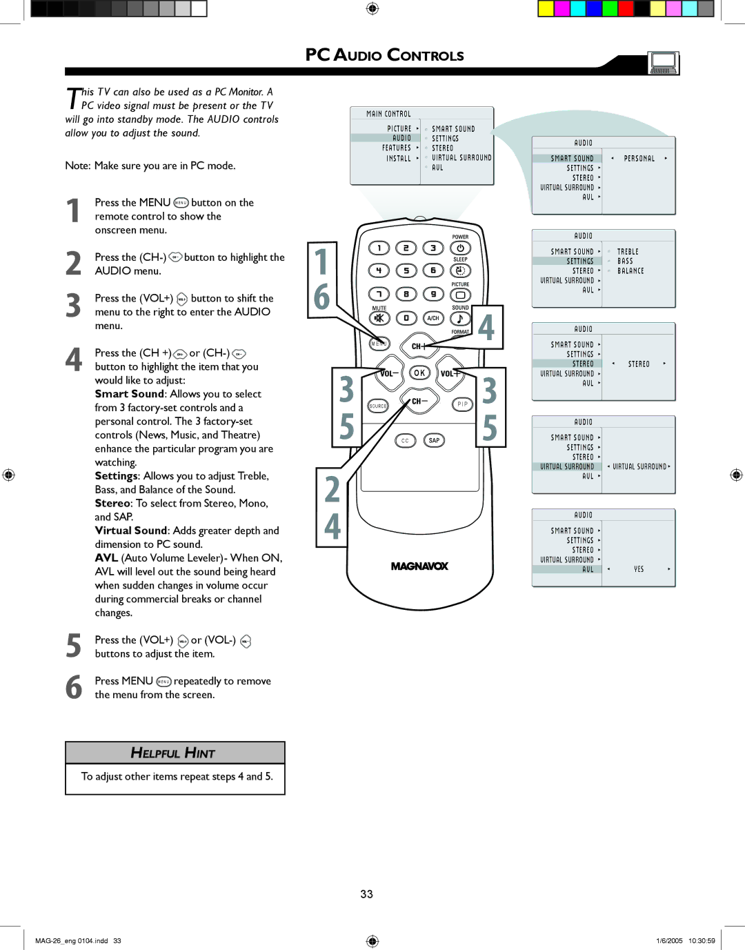 Magnavox 26MF605W Series owner manual PC Audio Controls 