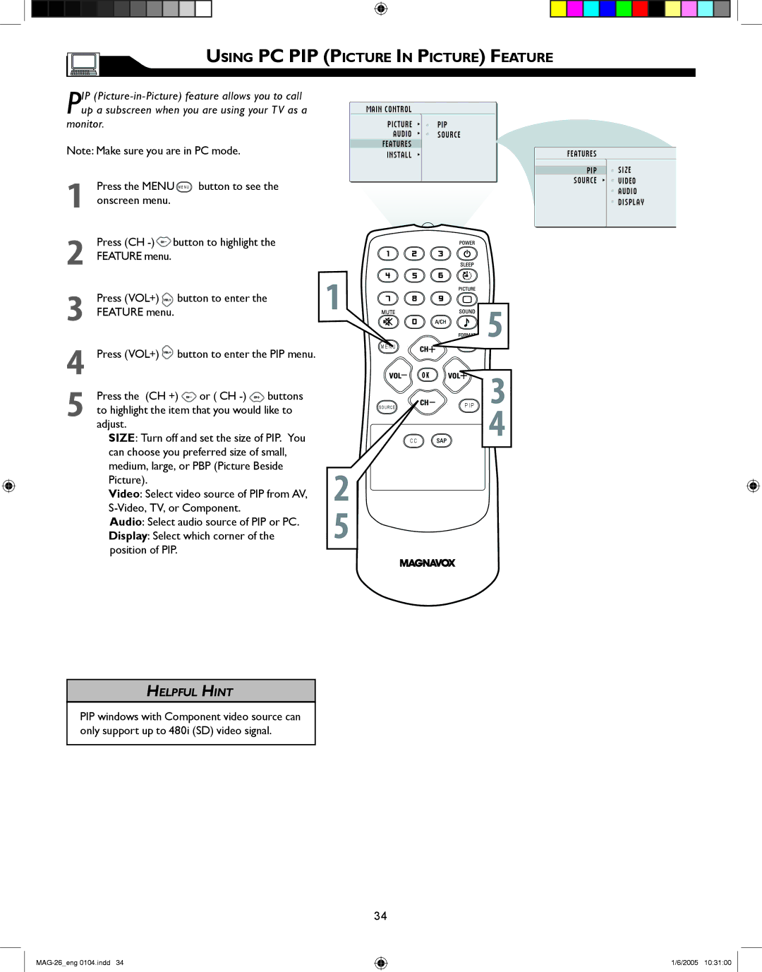 Magnavox 26MF605W Series owner manual Using PC PIP Picture in Picture Feature 