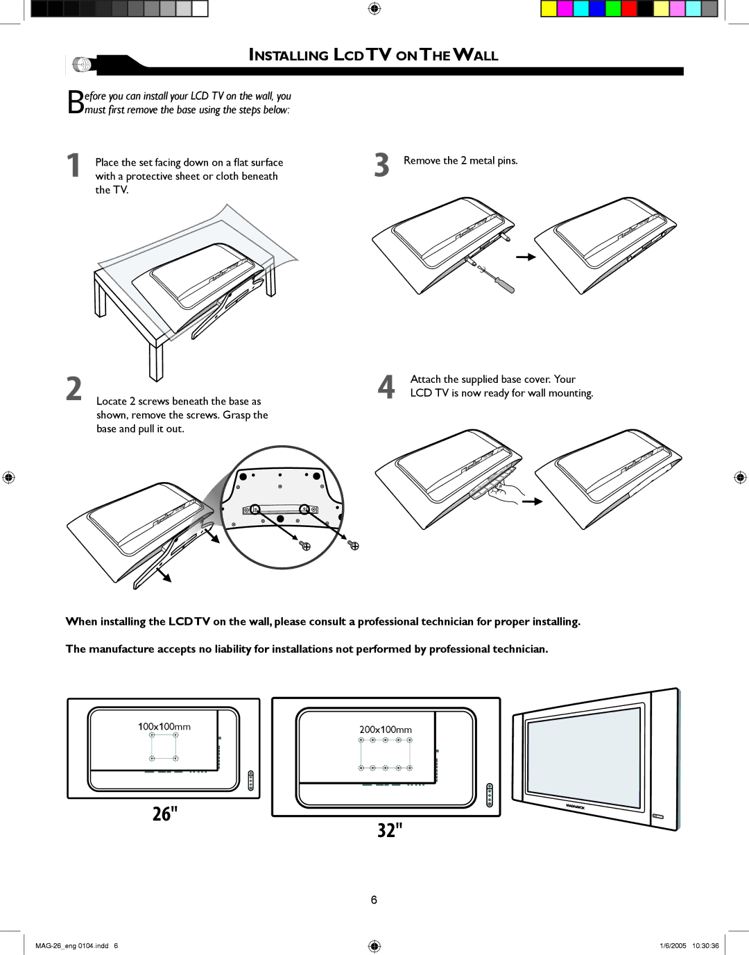 Magnavox 26MF605W Series owner manual Installing LCD TV on the Wall 