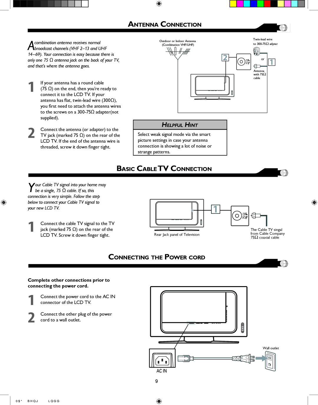 Magnavox 26MF605W Series owner manual Antenna Connection, Basic Cable TV Connection, Connecting the Power Cord 