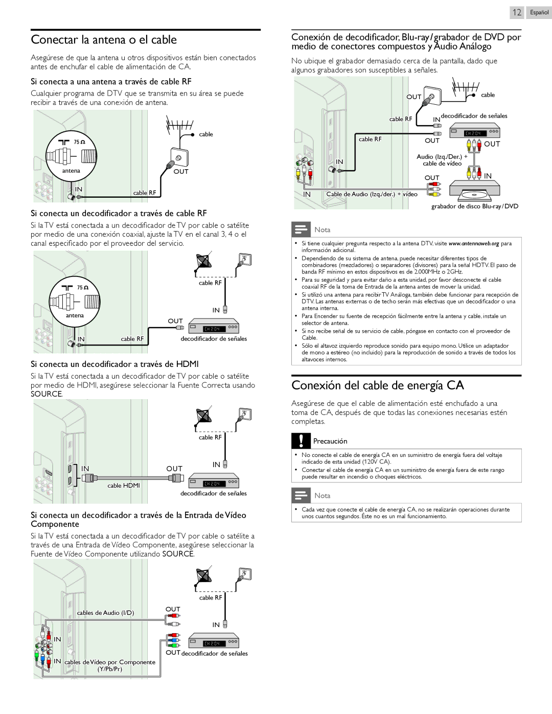 Magnavox 26MV402X, 32MV402X, 22MV402X owner manual Conectar la antena o el cable, Conexión del cable de energía CA 