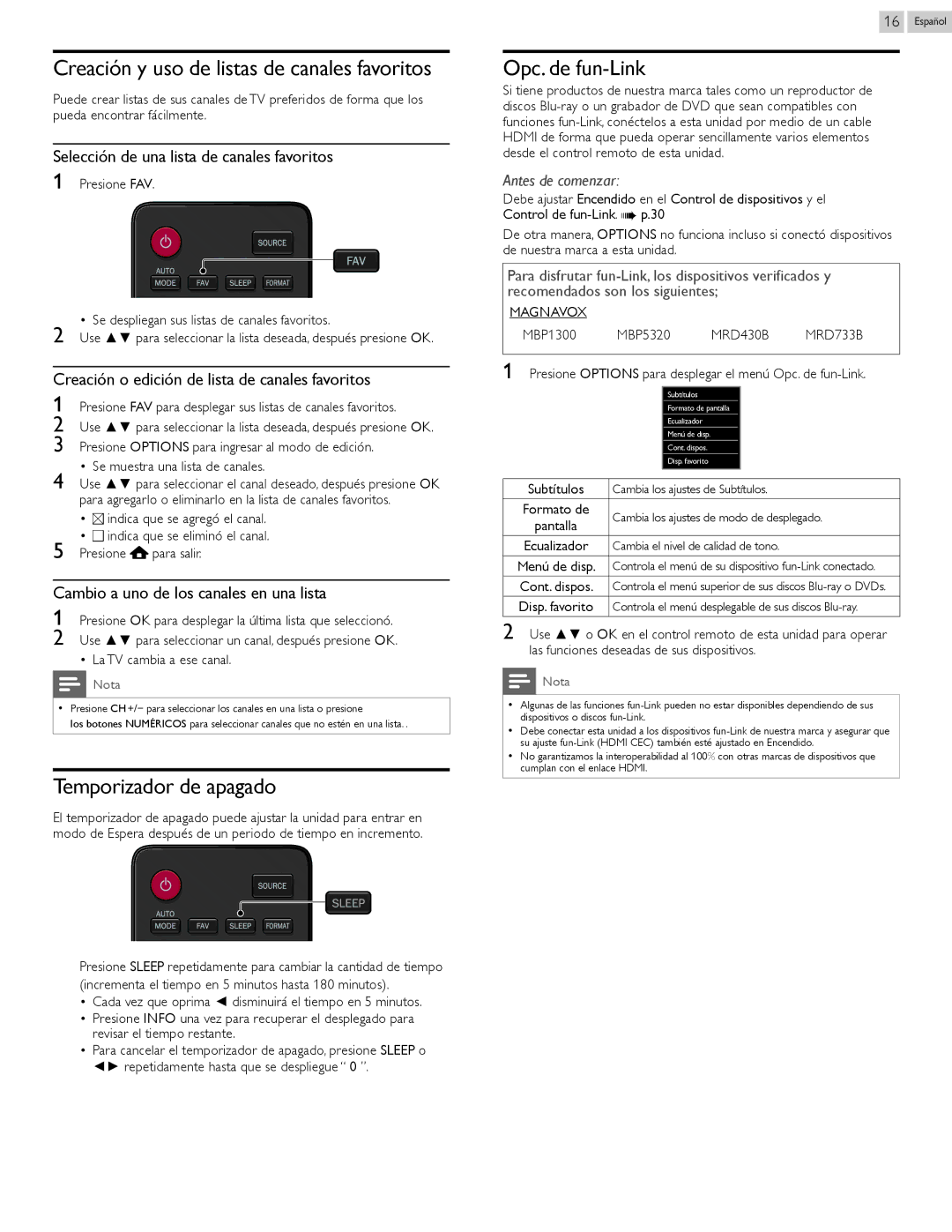 Magnavox 32MV402X, 26MV402X Creación y uso de listas de canales favoritos, Temporizador de apagado, Opc. de fun-Link 