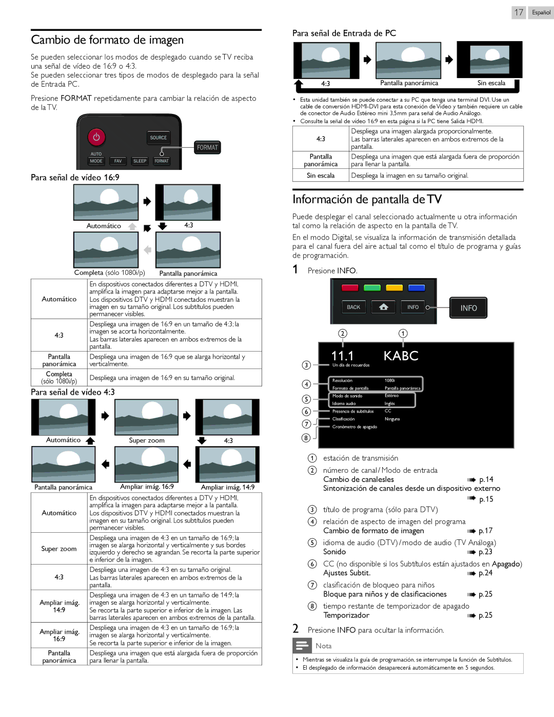 Magnavox 22MV402X, 26MV402X Cambio de formato de imagen, Información de pantalla de TV, Para señal de Entrada de PC 