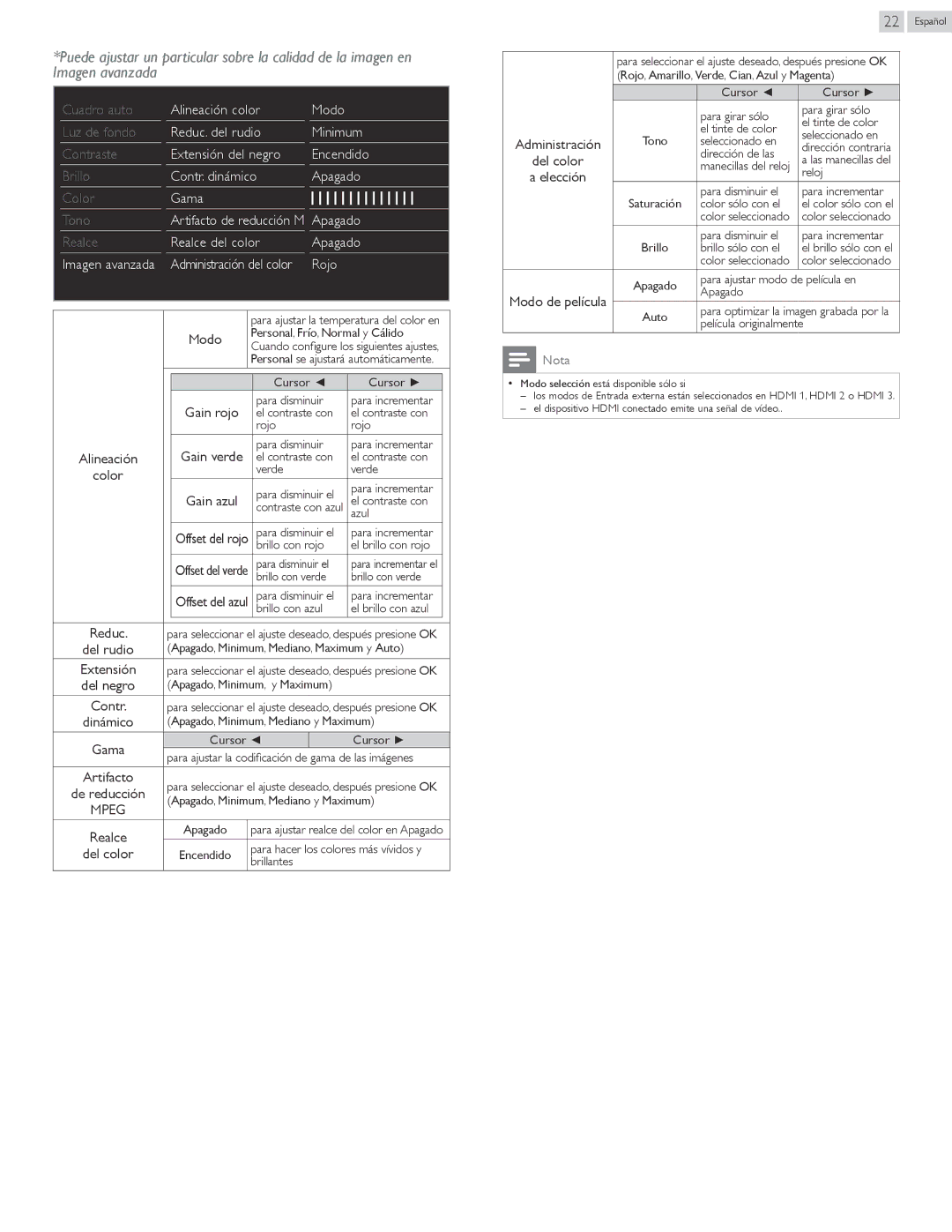 Magnavox 32MV402X, 26MV402X, 22MV402X owner manual Apagado Realce del color, Rojo, Artifacto, Mpeg 