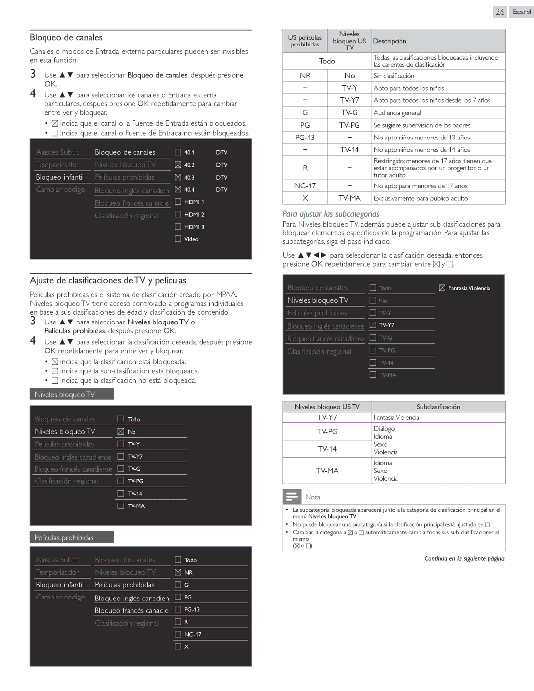 Magnavox 22MV402X Bloqueo de canales, Ajuste de clasificaciones de TV y películas, Bloqueo infantil Películas prohibidas 