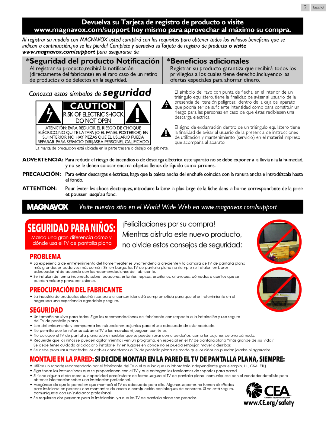 Magnavox 26MV402X Registrar su producto garantiza que recibirá todos los, Descarga eléctrica, Que acompaña al aparato 