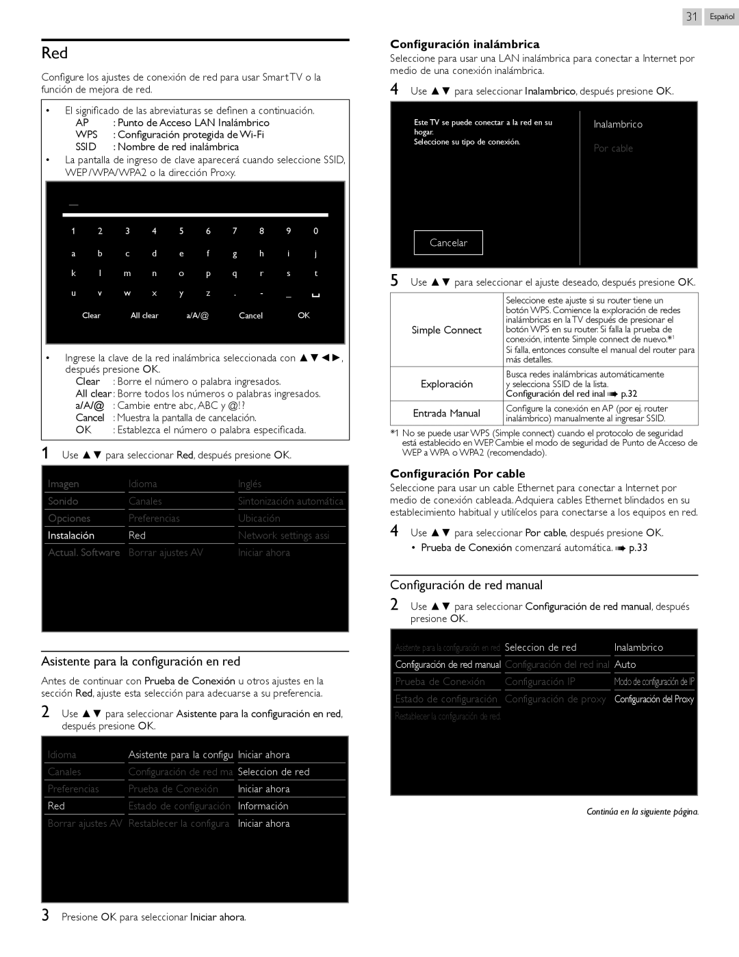 Magnavox 32MV402X, 26MV402X, 22MV402X Red, Asistente para la configuración en red, Configuración de red manual, Wps, Ssid 