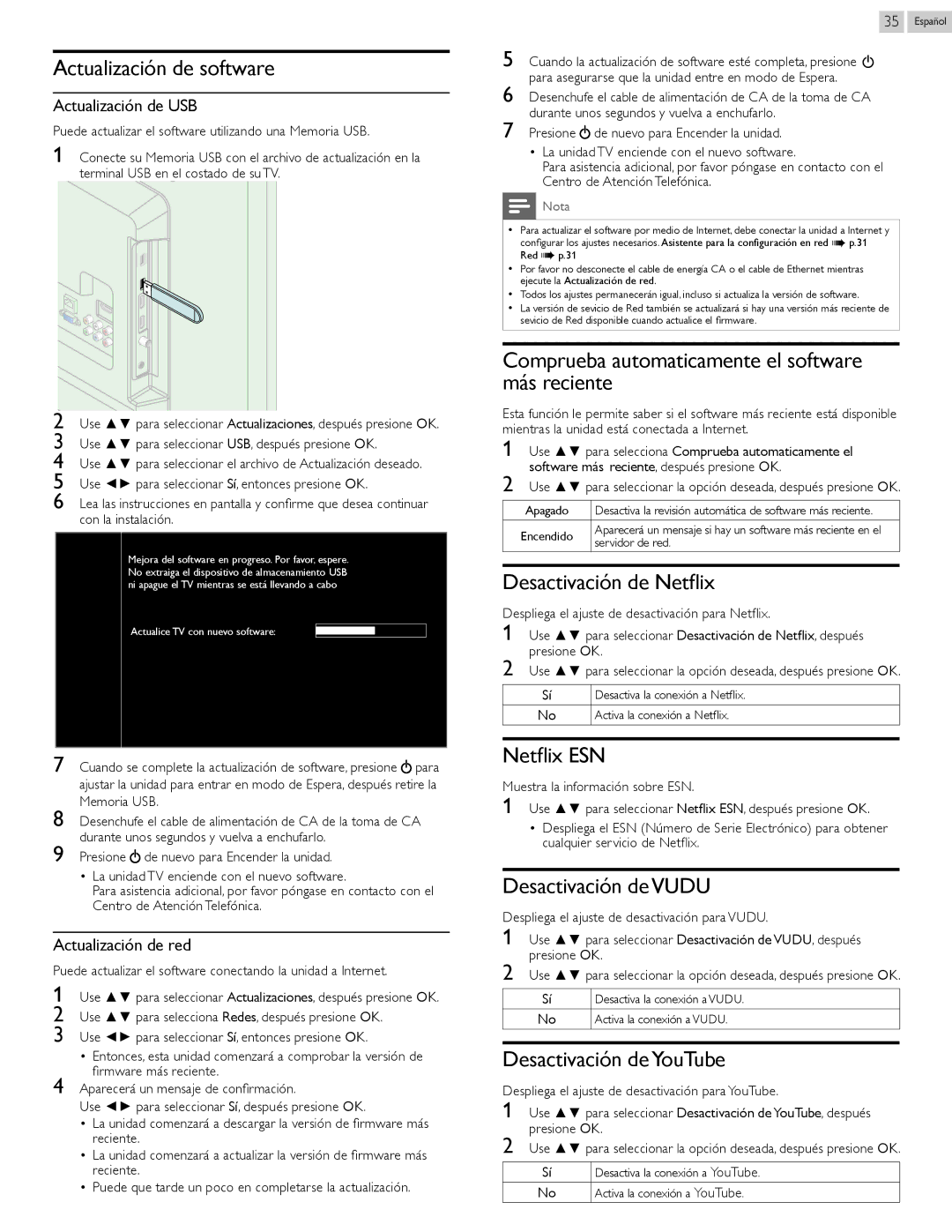 Magnavox 22MV402X Actualización de software, Comprueba automaticamente el software más reciente, Desactivación de Netflix 