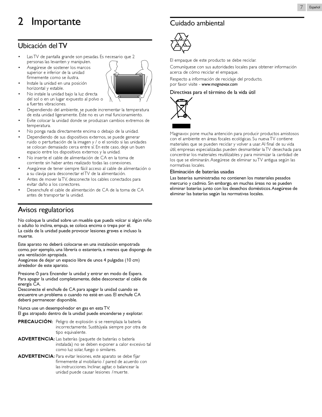 Magnavox 32MV402X, 26MV402X, 22MV402X owner manual Importante, Ubicación del TV, Avisos regulatorios, Cuidado ambiental 