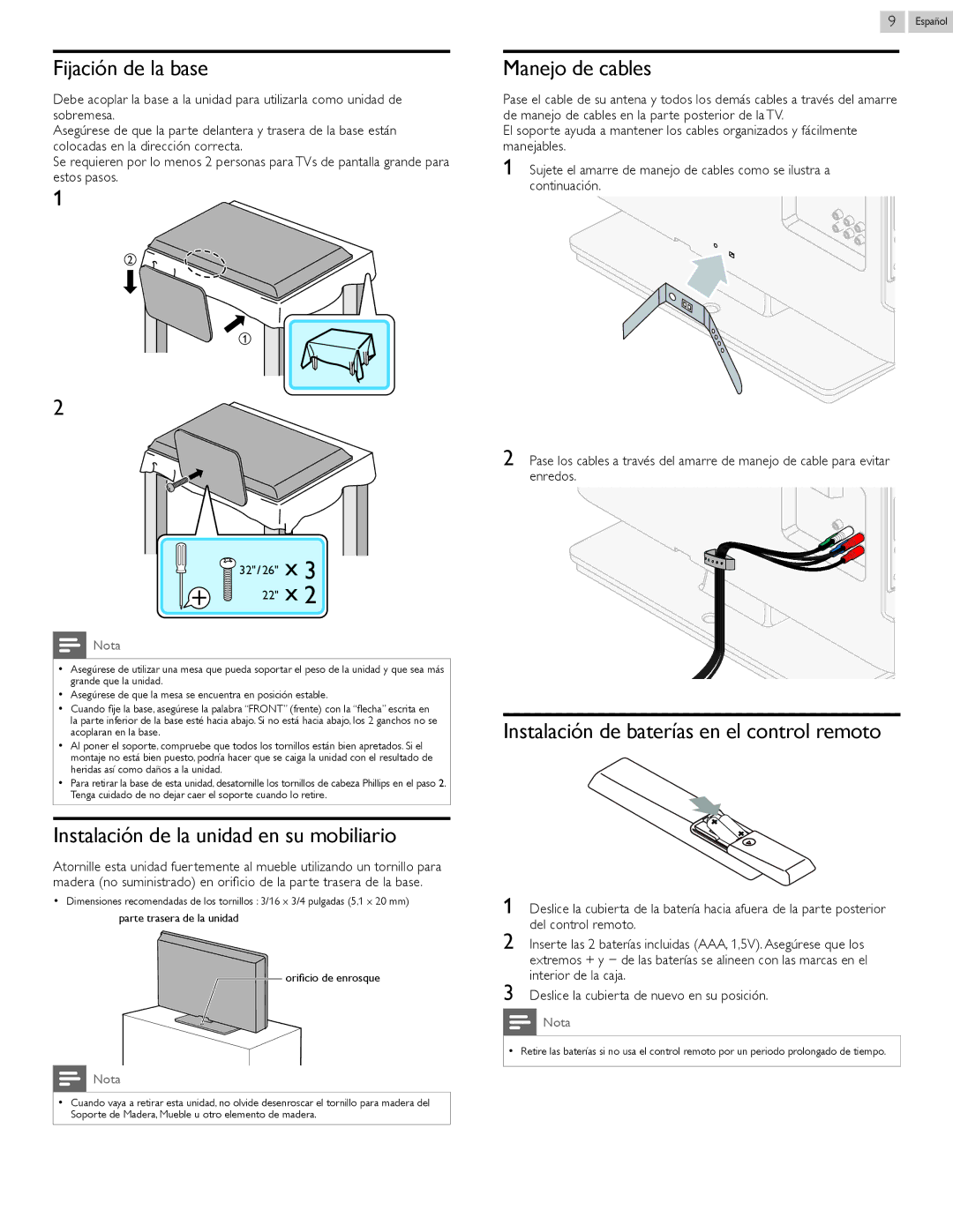 Magnavox 26MV402X, 32MV402X Fijación de la base, Instalación de la unidad en su mobiliario, Manejo de cables, 32 / 26 