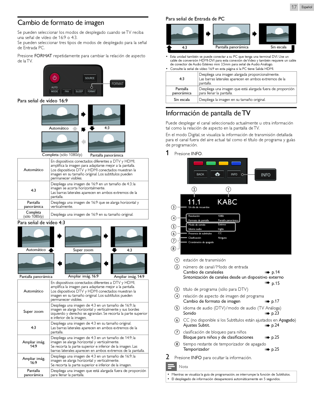 Magnavox 22MV402X, 26MV402X Kabc, Cambio de formato de imagen, Información de pantalla de TV, Para señal de Entrada de PC 