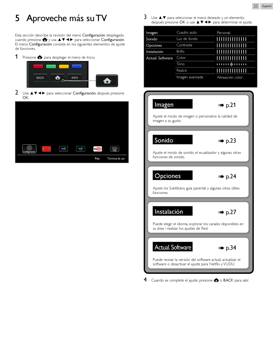 Magnavox 22MV402X Aproveche más su TV, Imagen, Sonido, Opciones, Instalación, Actual. Software, p. 21, p. 23, p. 24, p. 27 