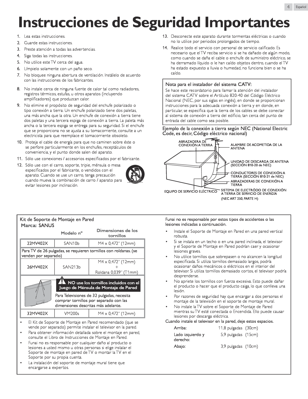 Magnavox 32MV402X Instrucciones de Seguridad Importantes, Nota para el instalador del sistema CATV, Marca SANUS, Modelo nº 
