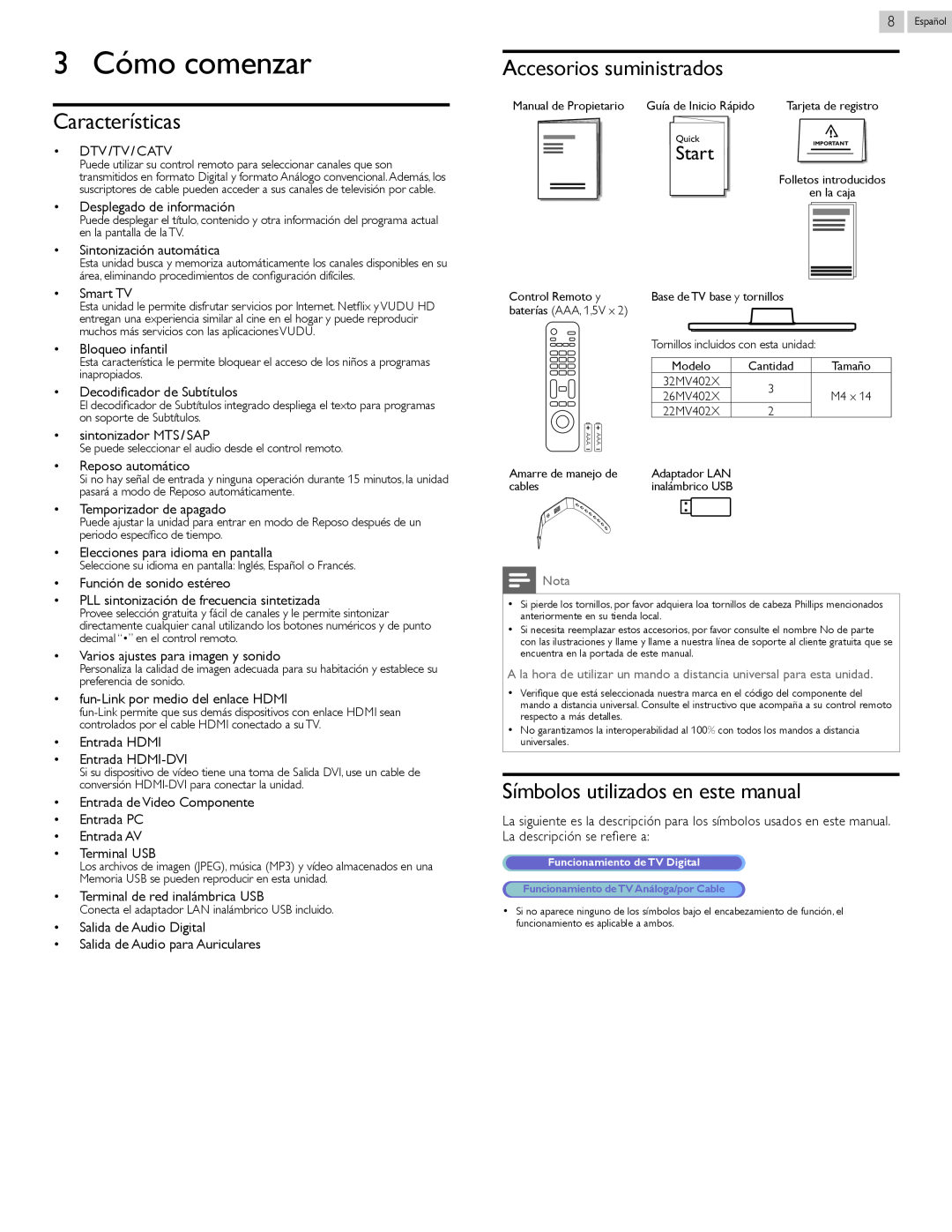 Magnavox 22MV402X 3 Cómo comenzar, Características, Accesorios suministrados, Símbolos utilizados en este manual, Start 
