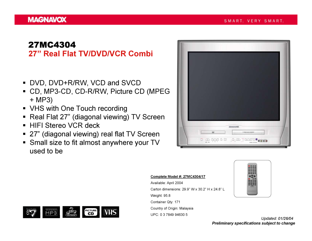 Magnavox 27MC4304/17 specifications 27” Real Flat TV/DVD/VCR Combi 