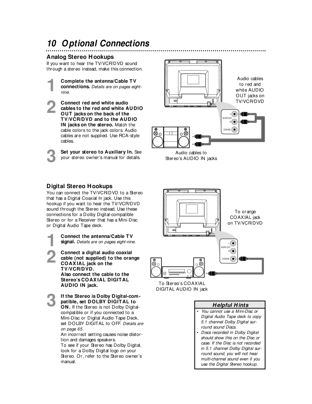 Magnavox 27MDTR10S owner manual Analog Stereo Hookups, Digital Stereo Hookups, To red, White Audio 