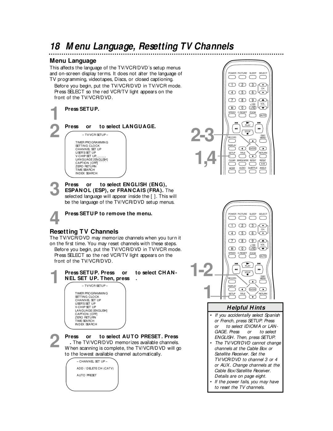 Magnavox 27MDTR10S owner manual Menu Language, Resetting TV Channels 