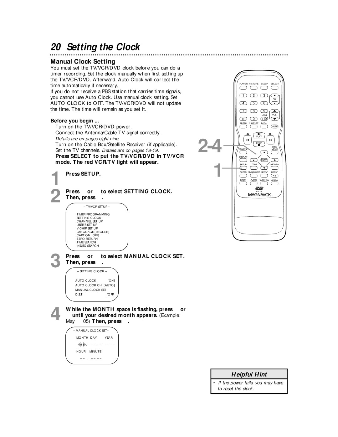 Magnavox 27MDTR10S owner manual Setting the Clock, Manual Clock Setting 