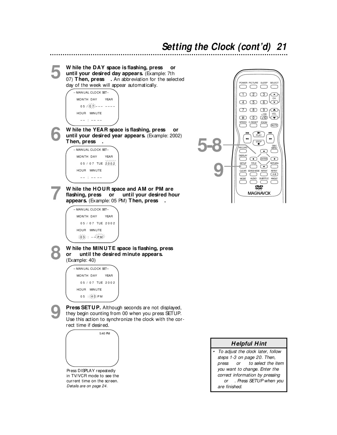 Magnavox 27MDTR10S owner manual Setting the Clock cont’d 