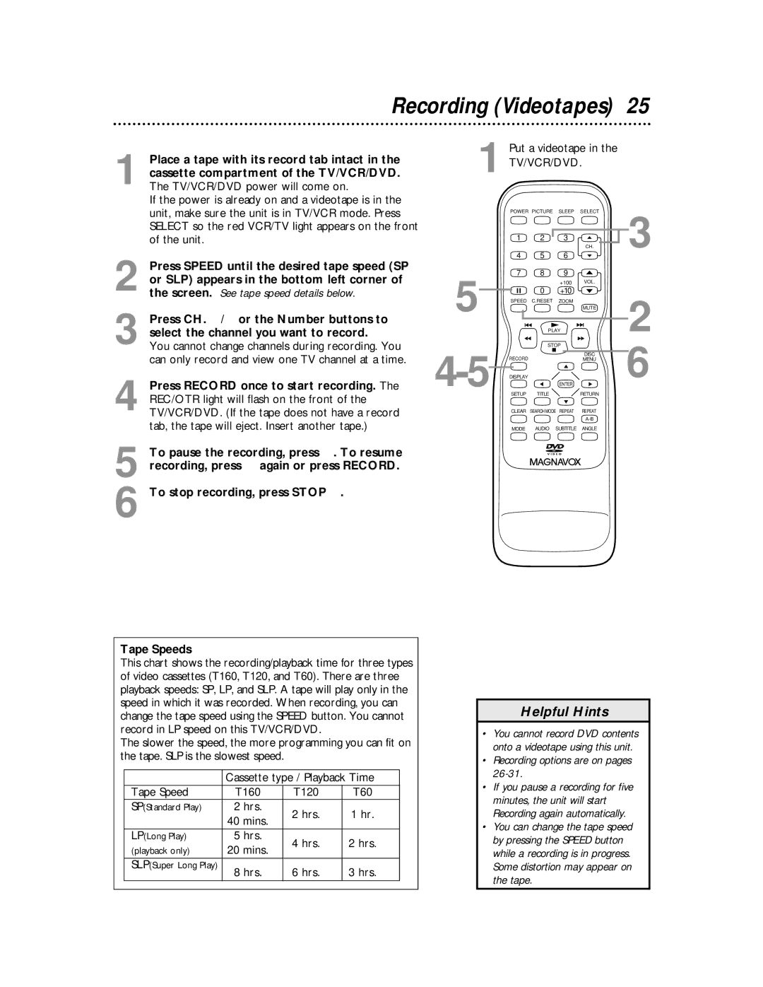 Magnavox 27MDTR10S owner manual Recording Videotapes, Put a videotape, Tape Speeds, Hrs 
