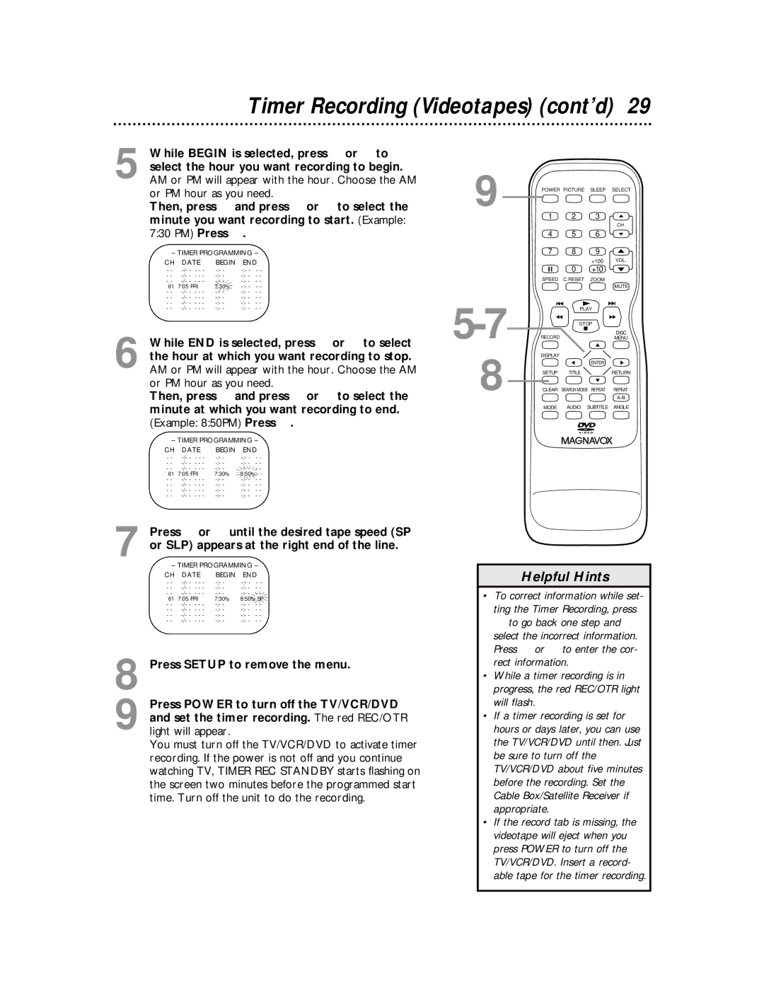 Magnavox 27MDTR10S owner manual Timer Recording Videotapes cont’d 